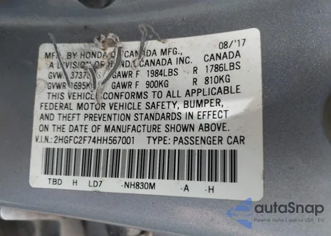 2017 Honda Civic Ex z USA, uszkodzony, nr VIN 2HGFC2F74HH567001